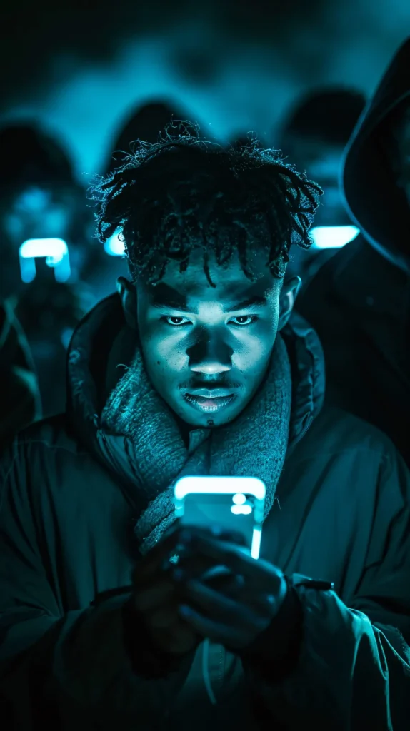 Persoon in het donker, verlicht door het scherm van een telefoon